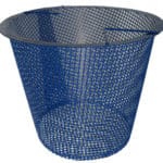 A blue mesh basket on a white background.